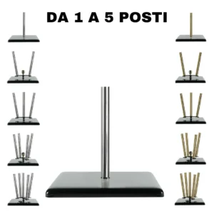 Base portabandiera quadrata in acciaio nero con canotto cromato o oro da 1 a 5 posti per aste D 22 mm